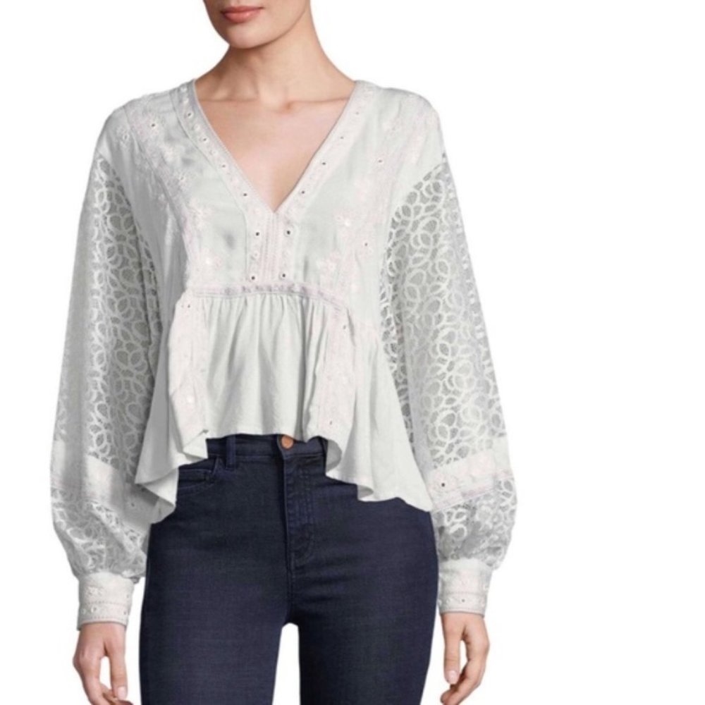 Free People Boogie All Night Embroidered Lace Top